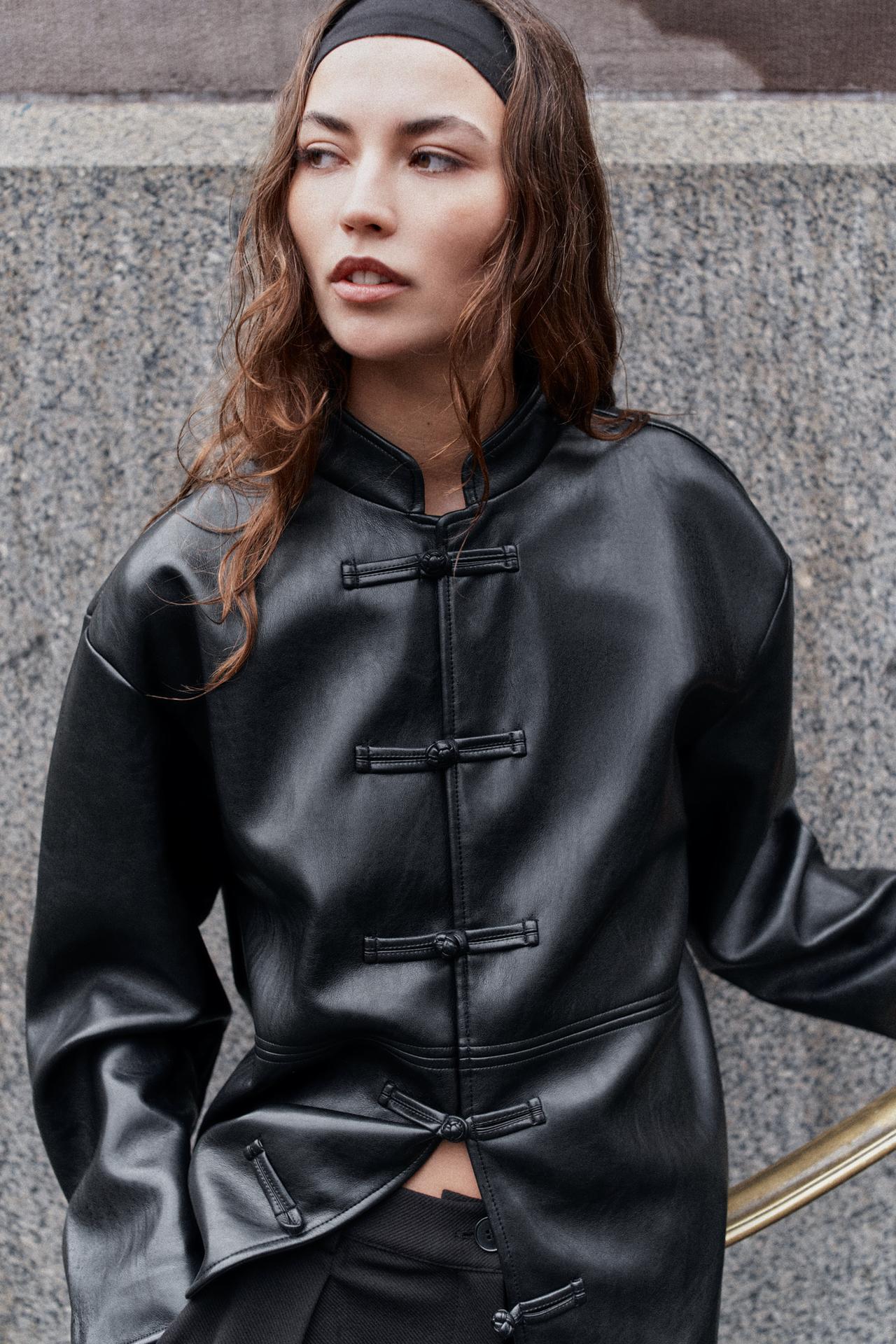 FAUX LEATHER FROG FASTENING JACKET — Black
