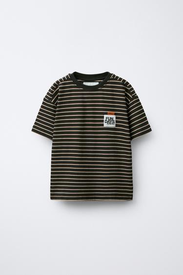 STRIPED T-SHIRT WITH LABEL - Brown by Zara - Image 0