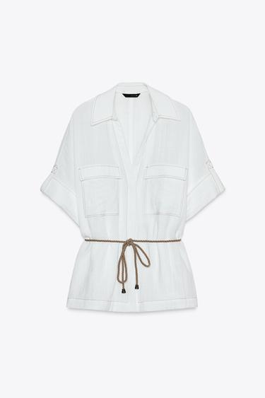 BELTED SAFARI SHIRT - Oyster-white by Zara - Image 4