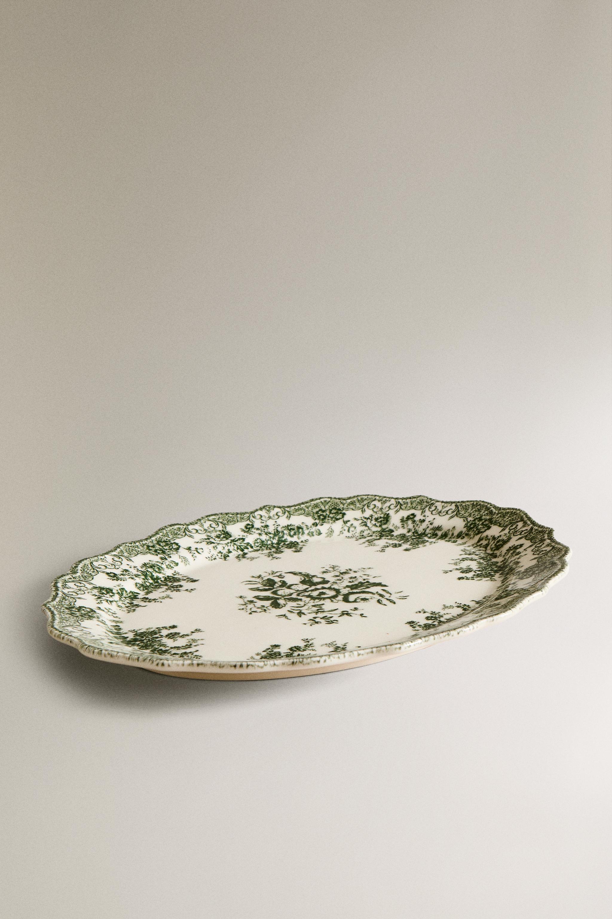 FLORAL EARTHENWARE SERVING DISH — Dark olive