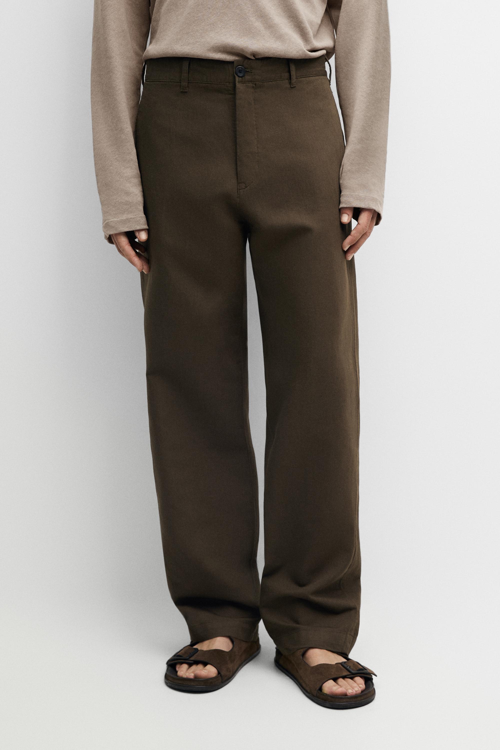 Linen-cotton straight-leg pants — Dark green