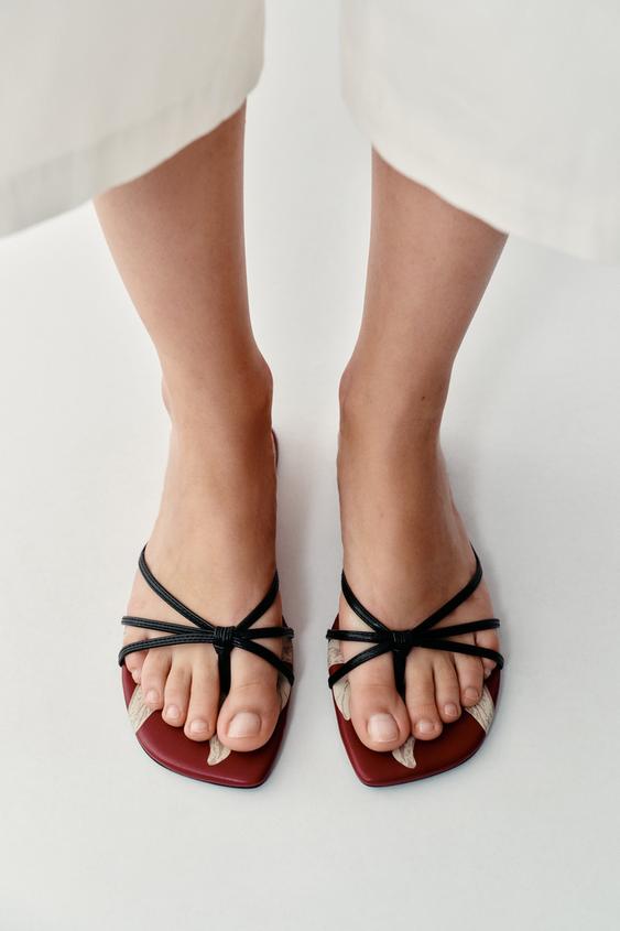 PRINTED FLAT SANDALS - Burgundy Red by Zara - Image 0