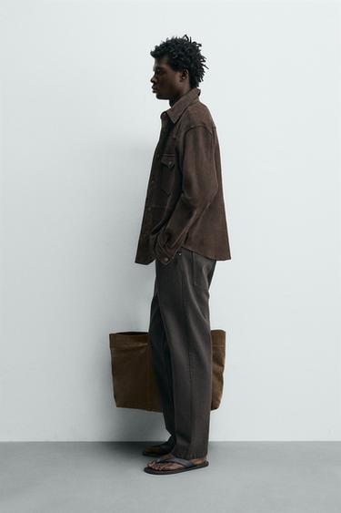 REGULAR FIT SUEDE LEATHER OVERSHIRT - Dark brown by Zara - Image 3