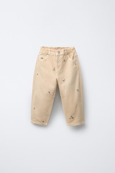 Zara EMBROIDERED FLORAL BALLOON TWILL PANTS - Butter