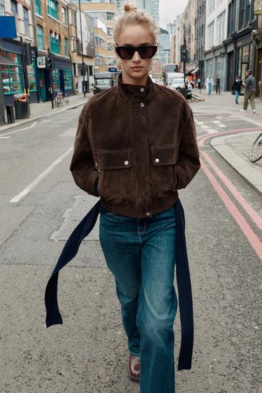 SUEDE LEATHER BOMBER JACKET WITH POCKETS - Brown marl by Zara