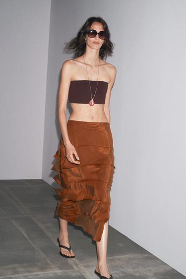 Zara ZW COLLECTION RUFFLED MIDI SKIRT - Caramel - Image 0