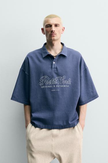 Zara 方版刺繡標語 POLO 衫 - 藍色 / 灰色
