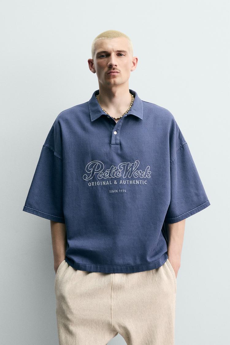 ZARA BOXY FIT POLO SHIRT WITH EMBROIDERED TEXT