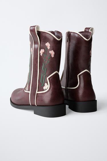 EMBROIDERED ANKLE BOOTS - Maroon by Zara - Image 4