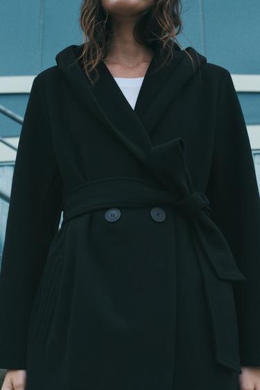 SOFT HOODED BELTED COAT - Black by Zara - Image 2