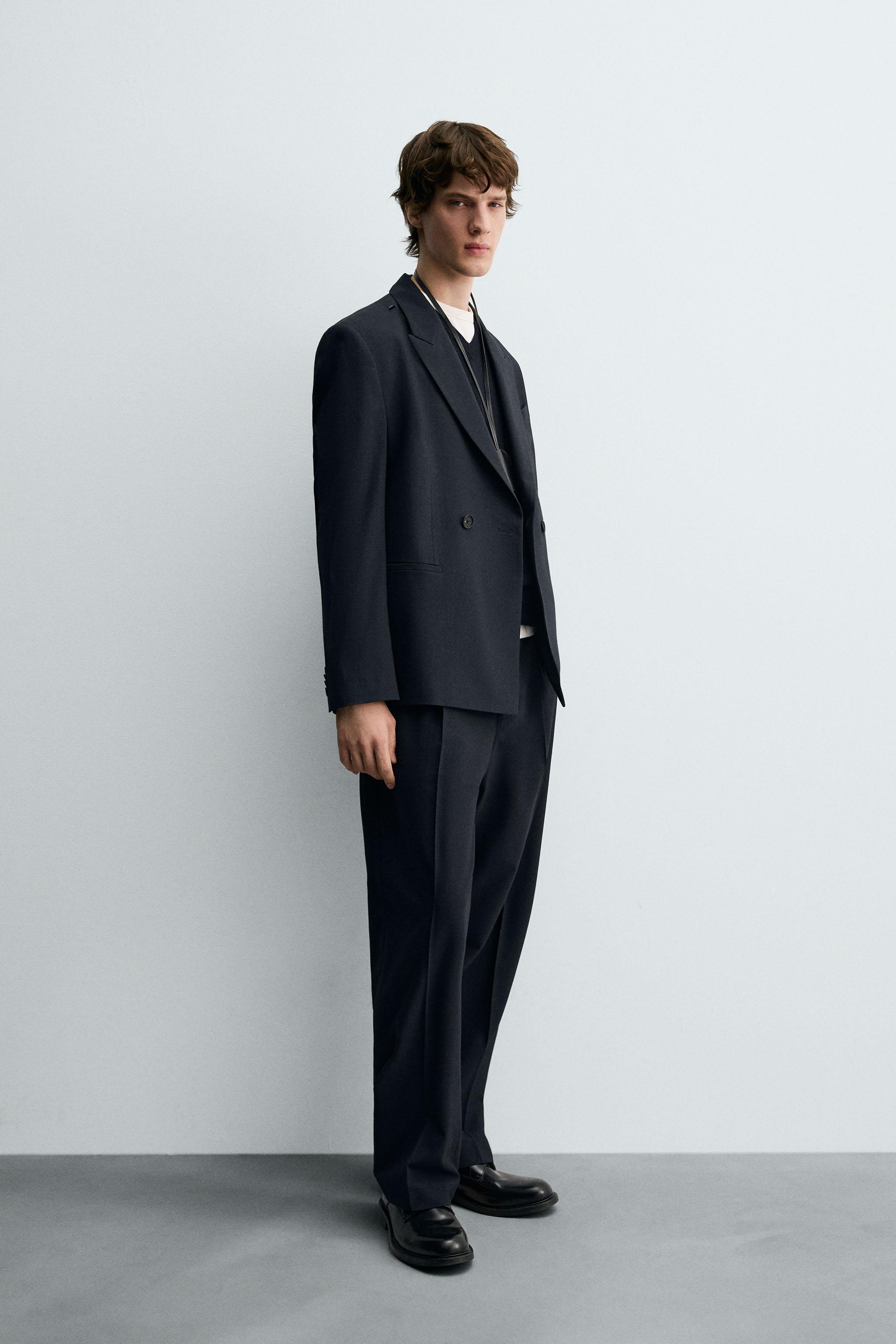 ZARA ネイビー チェック ダブルブレストスーツ 05644868401-e2.jpg?ts=