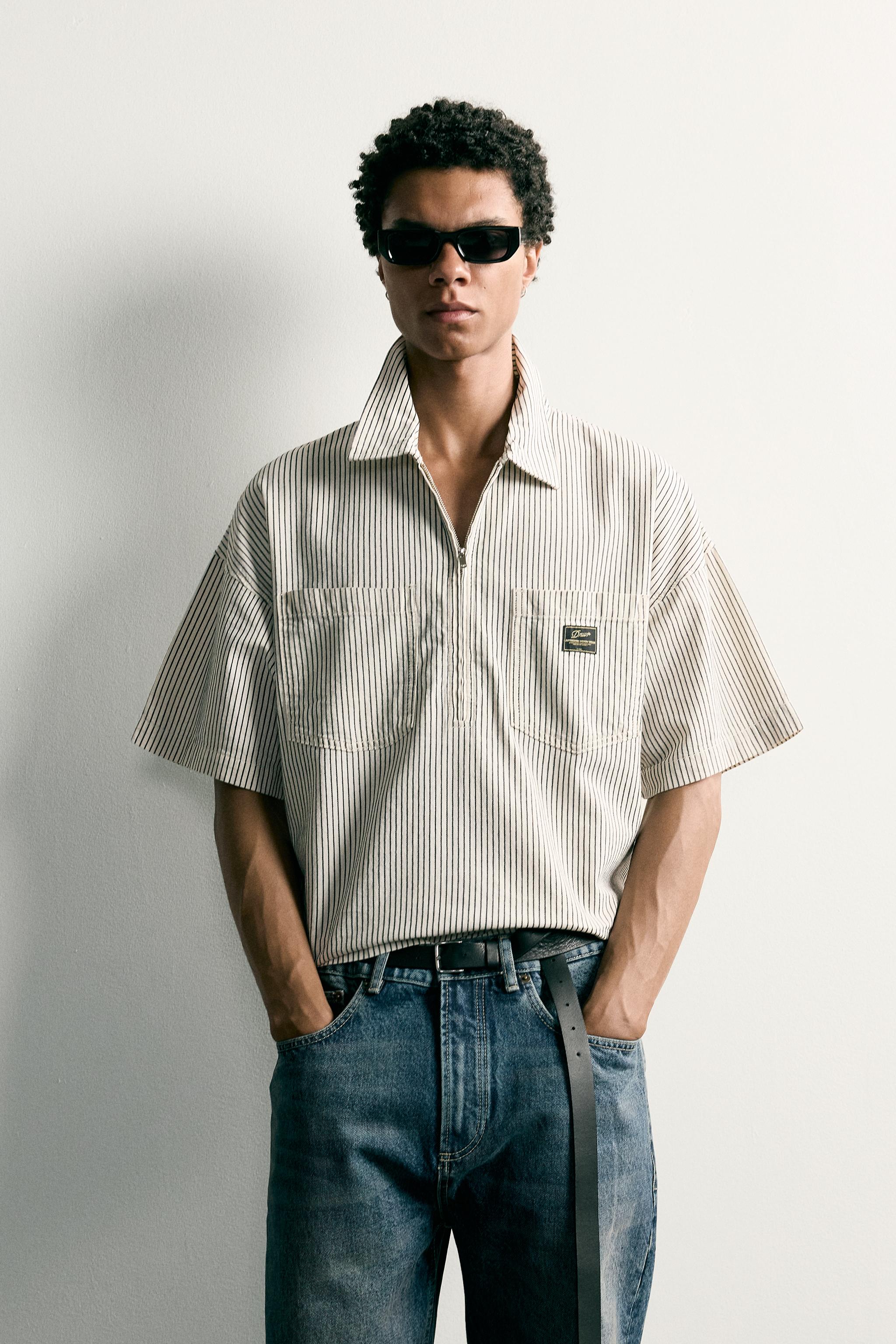 STRIPED ZIP-UP POLO SHIRT — Ecru