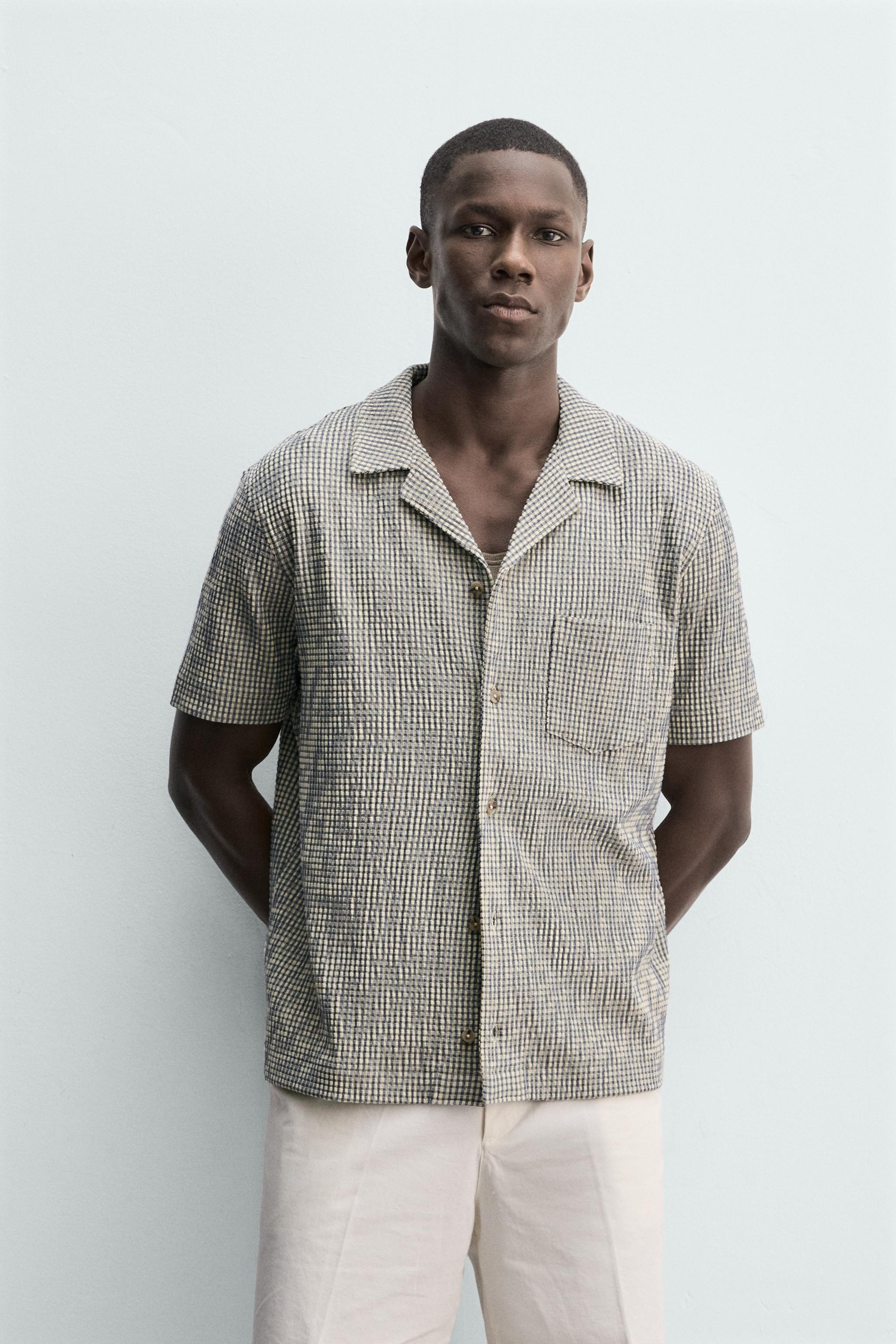 REGULAR FIT SEERSUCKER TEXTURED SHIRT — Ecru / Green
