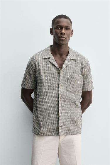REGULAR FIT SEERSUCKER SHIRT - Ecru / Green by Zara