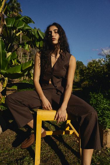 ZW COLLECTION FITTED LINEN WAISTCOAT - Brown by Zara