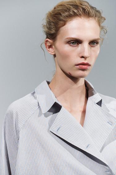 Zara ZW COLLECTION STRIPED CROSSOVER SHIRT - Blue