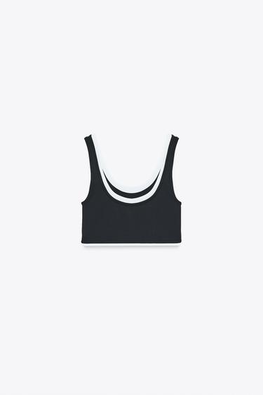Zara DOUBLE EFFECT SPORTS CROP TOP - Black / White