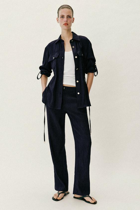 CREASED-EFFECT SAFARI SHIRT WITH BELT - Navy blue by Zara - Image 0
