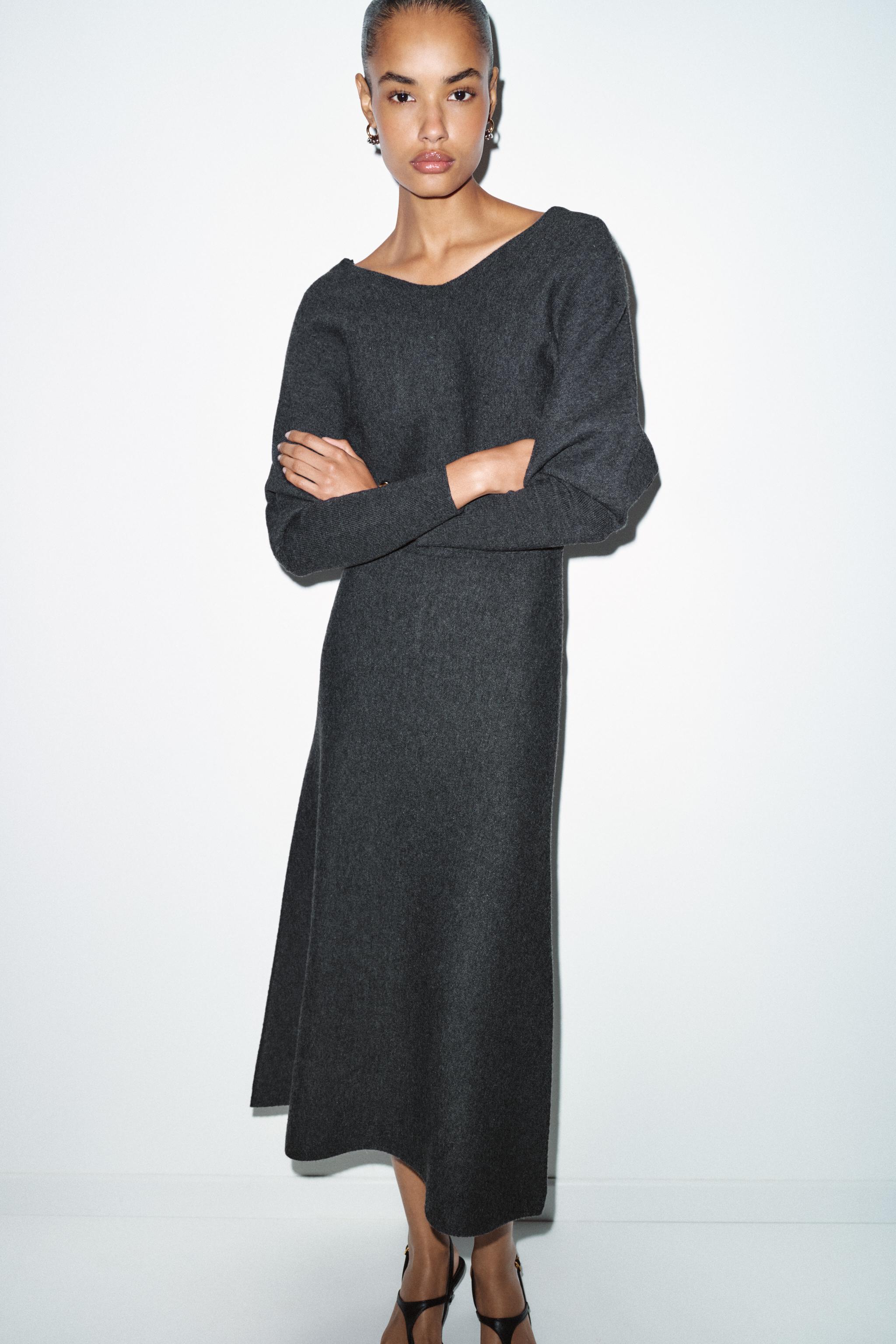 V-NECK KNIT MIDI DRESS - Gray | ZARA United States V-NECK KNIT MIDI DRESS - Gray | ZARA United States