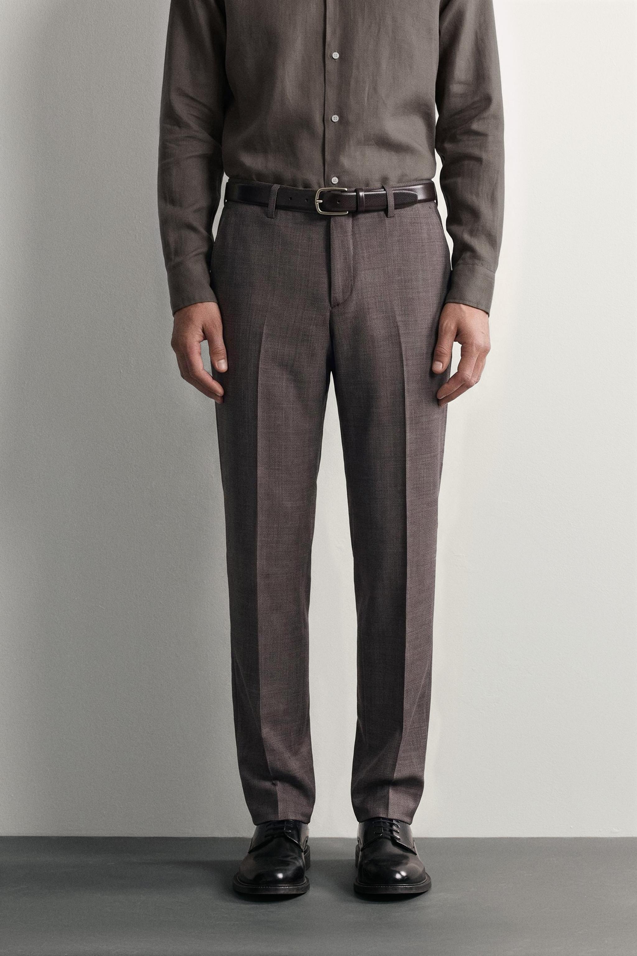 WOOL-BLEND PLAID PLEATED SUIT PANTS — Brown