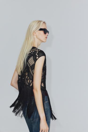 Zara ZW COLLECTION BEADED CROCHET TOP WITH FRINGE - Black