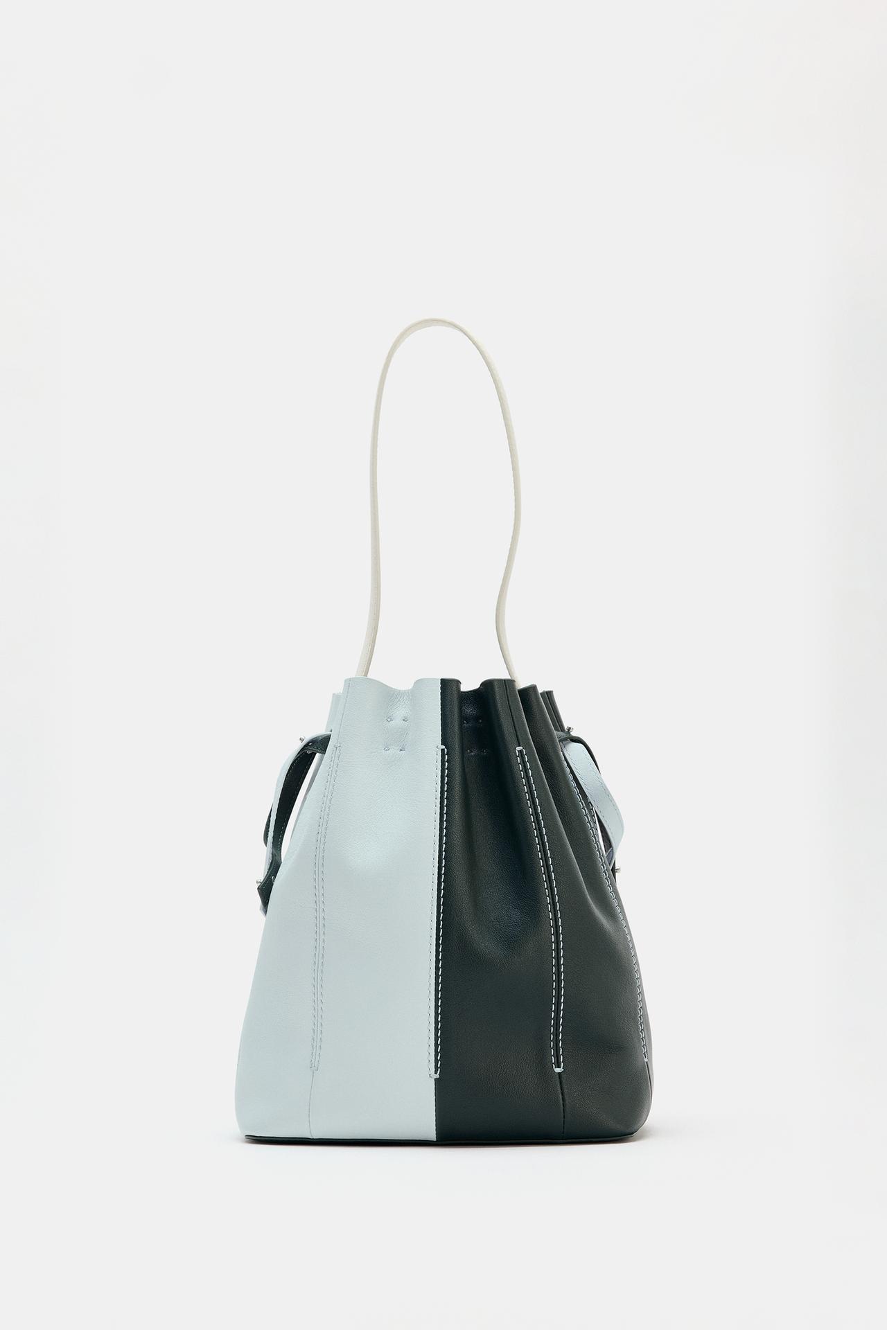COMBINATION LEATHER SHOULDER BAG — Bluish