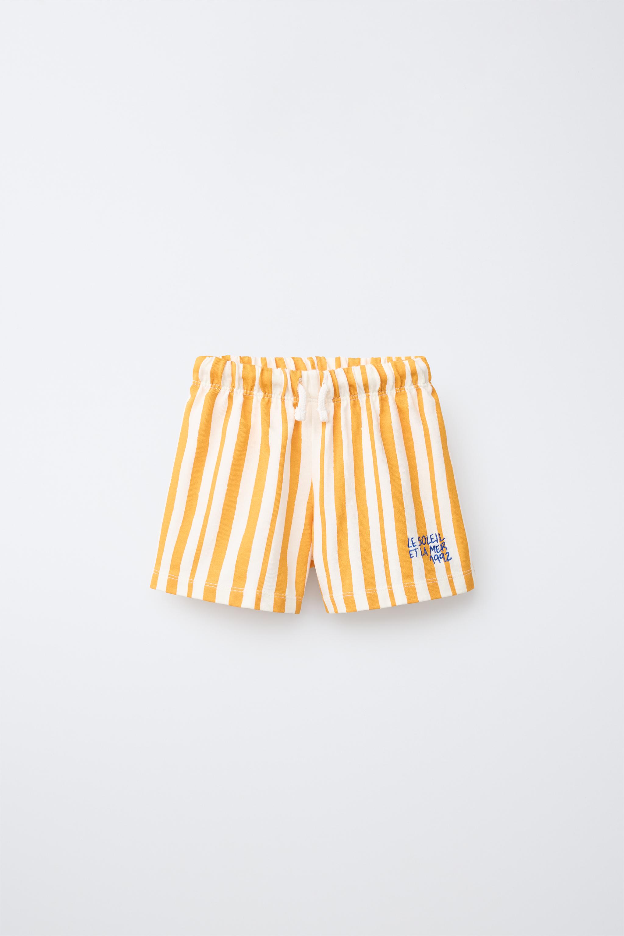 STRIPED BERMUDA SHORTS WITH EMBROIDERED TEXT