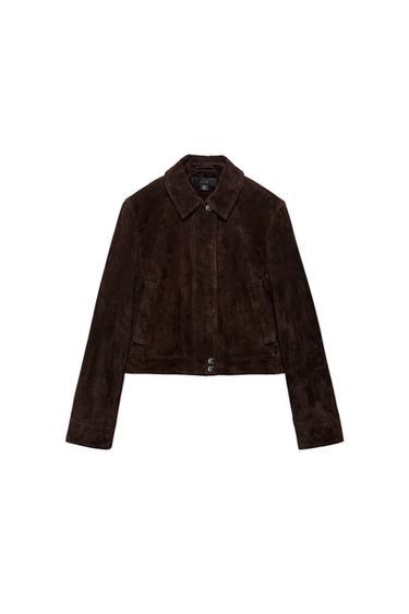Zara 100% SUEDE LEATHER JACKET - Dark brown