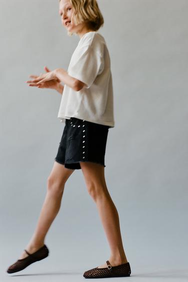 RIPPED AND STUDDED DENIM BERMUDA SHORTS - Black by Zara