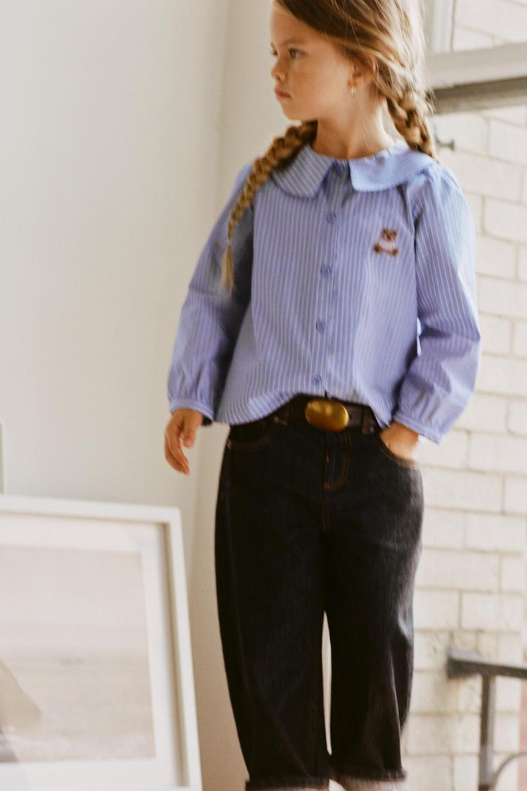 Camisa cuello bobo rayas bordado oso