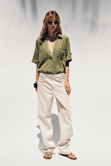 Zara Z1975 STRIPED HIGH-WAIST STRAIGHT FULL-LENGTH JEANS - Ecru