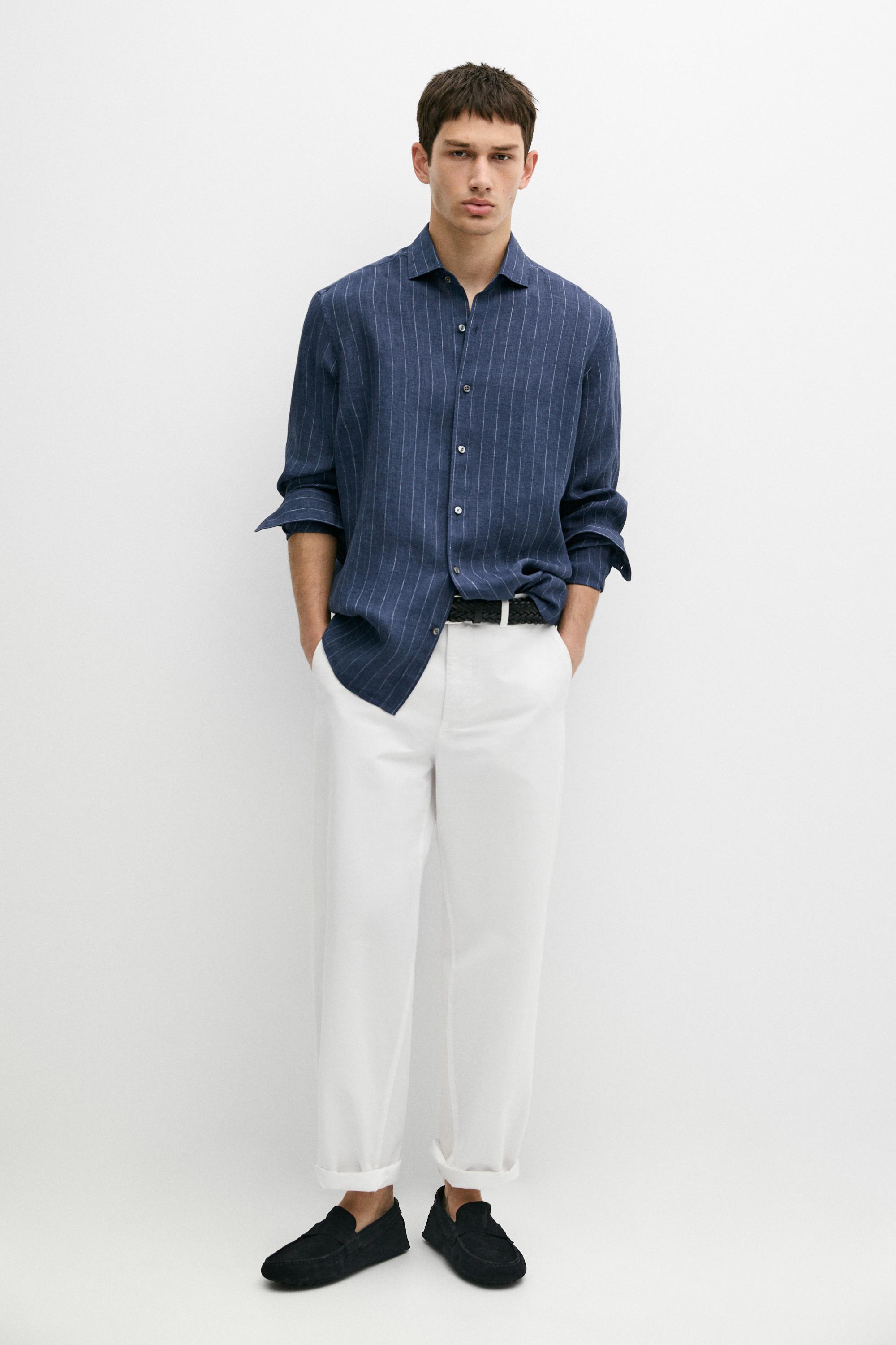 Chemise regular fit à rayures délavées 100 % lin