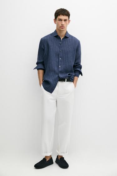 Zara Regular fit striped delave 100% linen shirt - Navy blue - Image 0