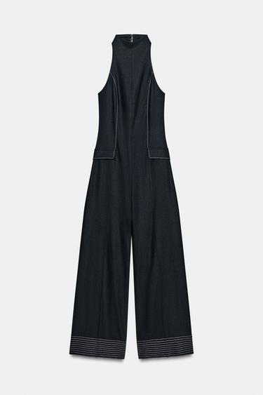 Zaras HALTERNECK-JUMPSUIT I LINNE MED KONTRASTSÖMMAR - Marinblå