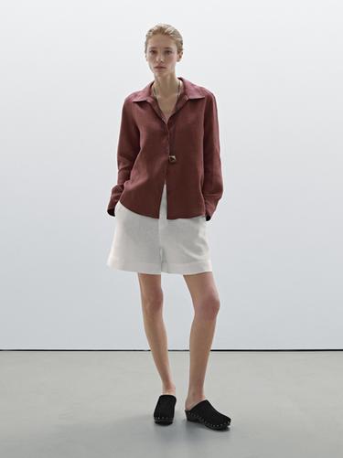 Zara 100% linen open collar shirt - Brick - Image 0
