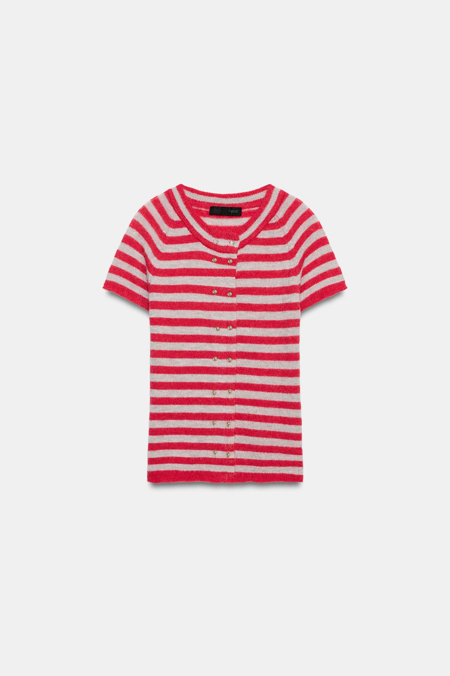 Женский кардиган Zara Striped Short-Sleeve Cardigan, цвет: Белый / Красный — фото 5