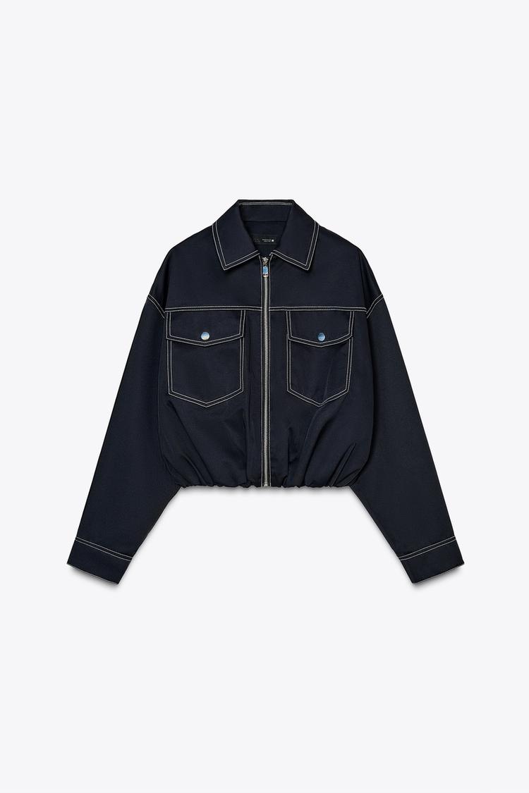 撥水加工ショートトップステッチジャケット - ネイビーブルー | ZARA  