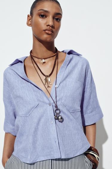 CAMISA CROPPED CON LINO - Azul claro de Zara