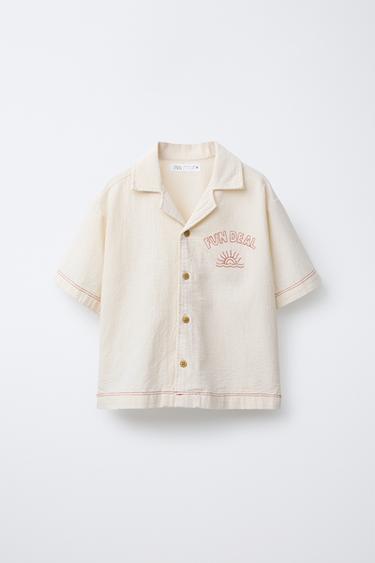Zara TEXTURED EMBROIDERED SHIRT - Cream