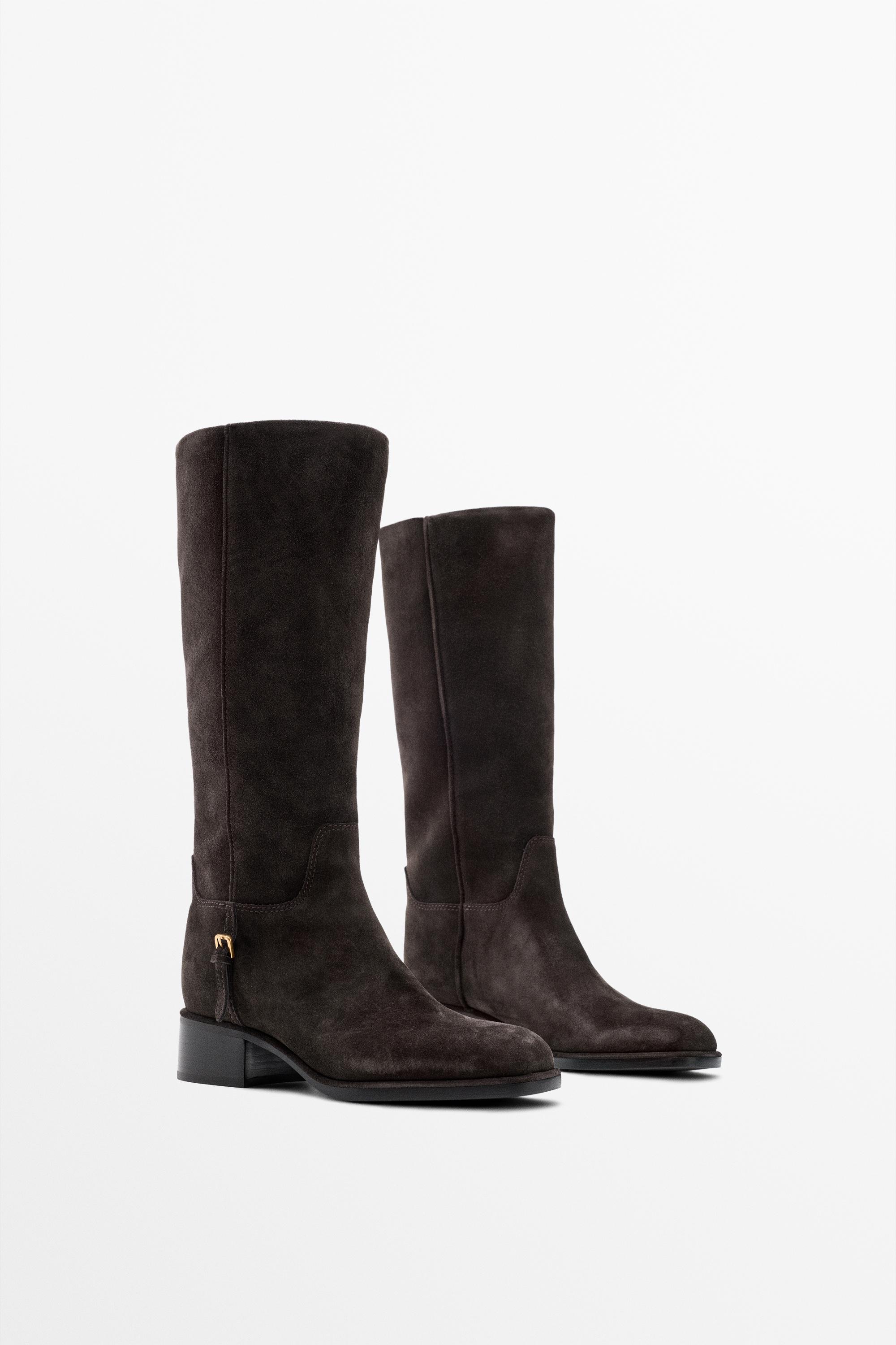 Split suede leather flat boots with side buckle — Brown