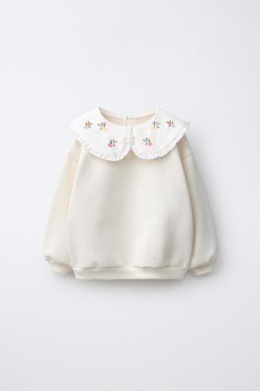 SUDADERA CUELLO COMBINADO FLORES BORDADAS - Crudo de Zara