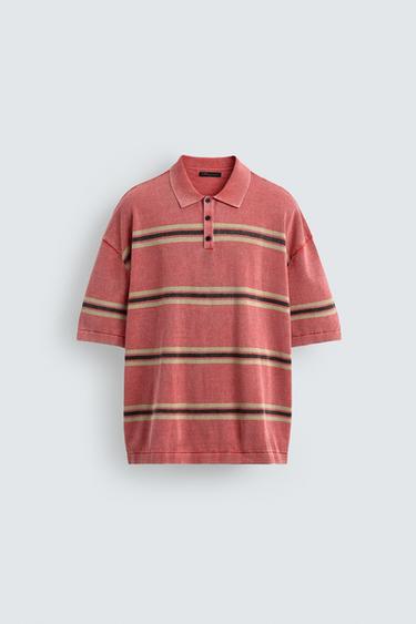 POLO EN MAILLE RELAXED FIT À RAYURES - Rouge de Zara