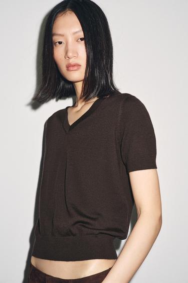 100% WOOL SHORT SLEEVE TOP - Dark brown by Zara