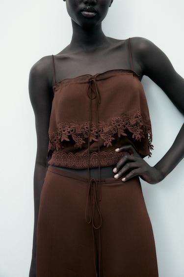 TOP À BRETELLES EN DENTELLE - Marron de Zara - Image 1