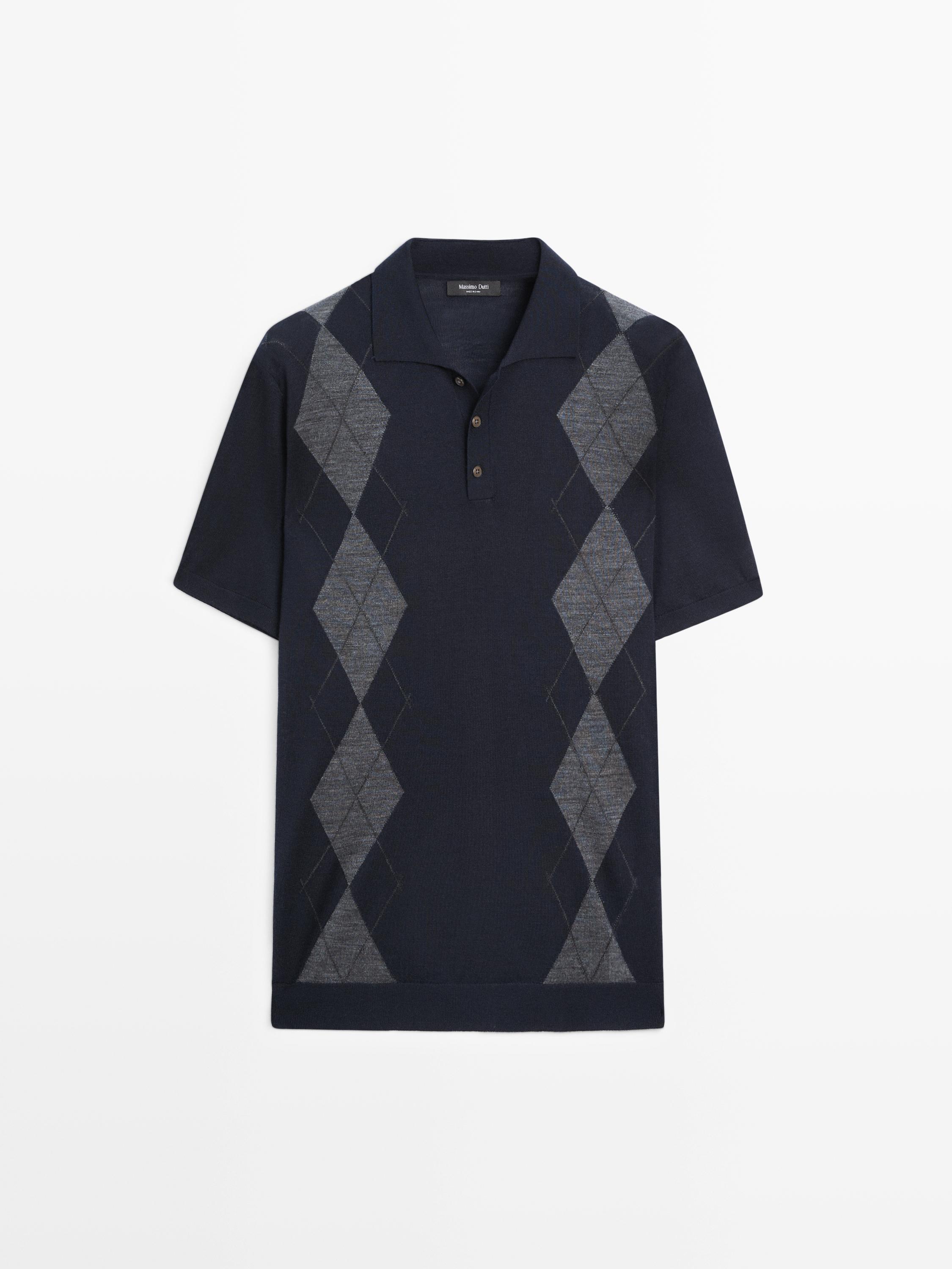 Merino wool blend argyle knit polo sweater