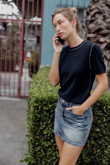 パイピングトリム ショートスリーブニットトップスネイビーブルー/ホワイトZaraのパイピングトリム ショートスリーブニットトップス - ネイビーブルー/ホワイト