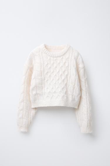 CROPPED CABLE-KNIT SWEATER - Ecru by Zara - Image 0