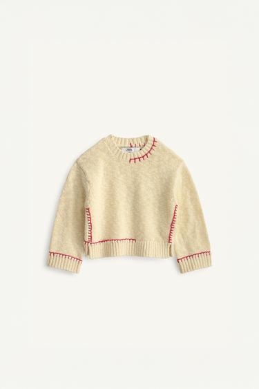 Zara LIMITED EDITION STITCHED KNIT JUMPER - Ecru / Red