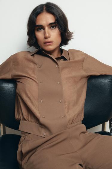 CHEMISE EN SOIE 100 % DOUBLE BOUTONNAGE - Marron de Zara