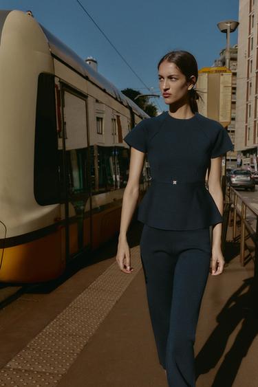 KNIT PEPLUM TOP - Navy blue by Zara